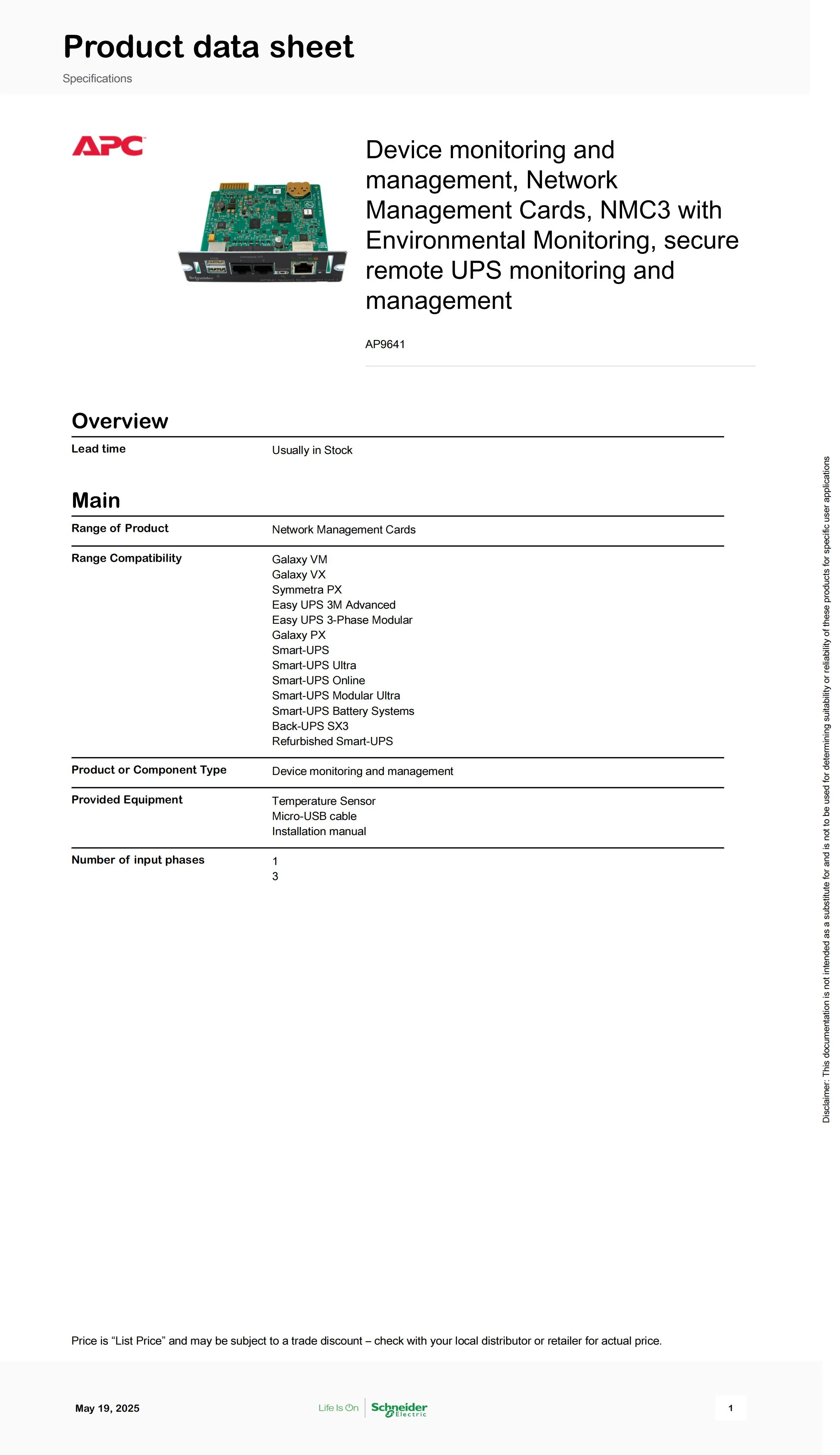 APC Ap9641 UPS Snmp Device Monitoring and Management, Network Management Cards, Nmc3, Secure Remote UPS Monitoring and Management