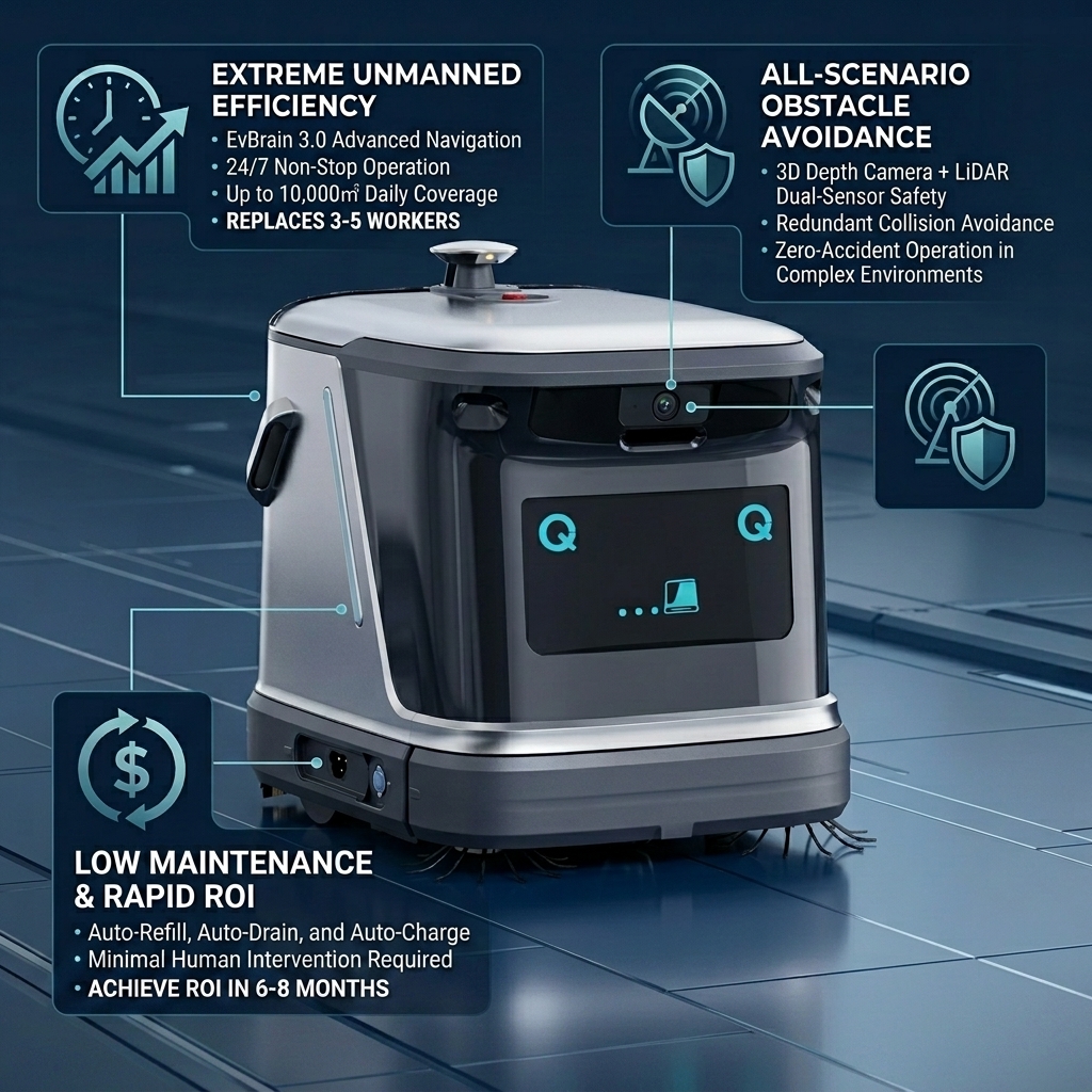 Autonomous Industrial Floor Cleaning Robot Mop Sweep Lidar Navigation App-Controlled Scrubbing 5000 Sq ft IP6X Commercial Use