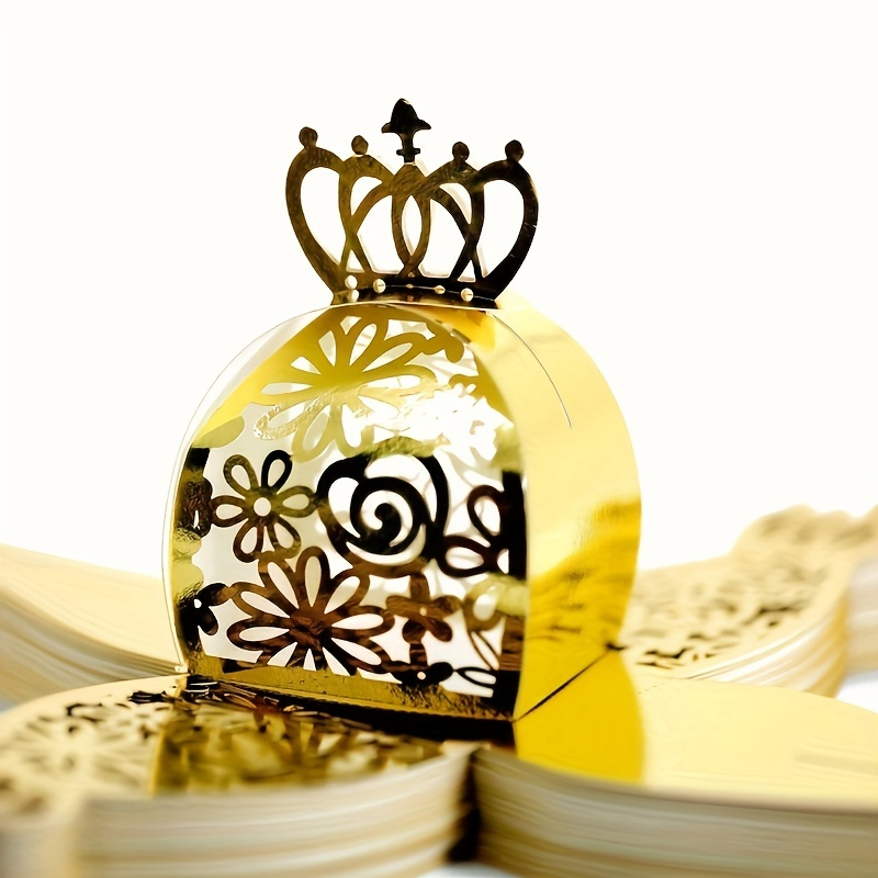 Caixas de Papel para Doces com Corte Floral e Coroa Dourada para Casamento, Presentes para Aniversário, Favoritos Decorativos para Doces, Chocolates e Decoração de Festa de Natal