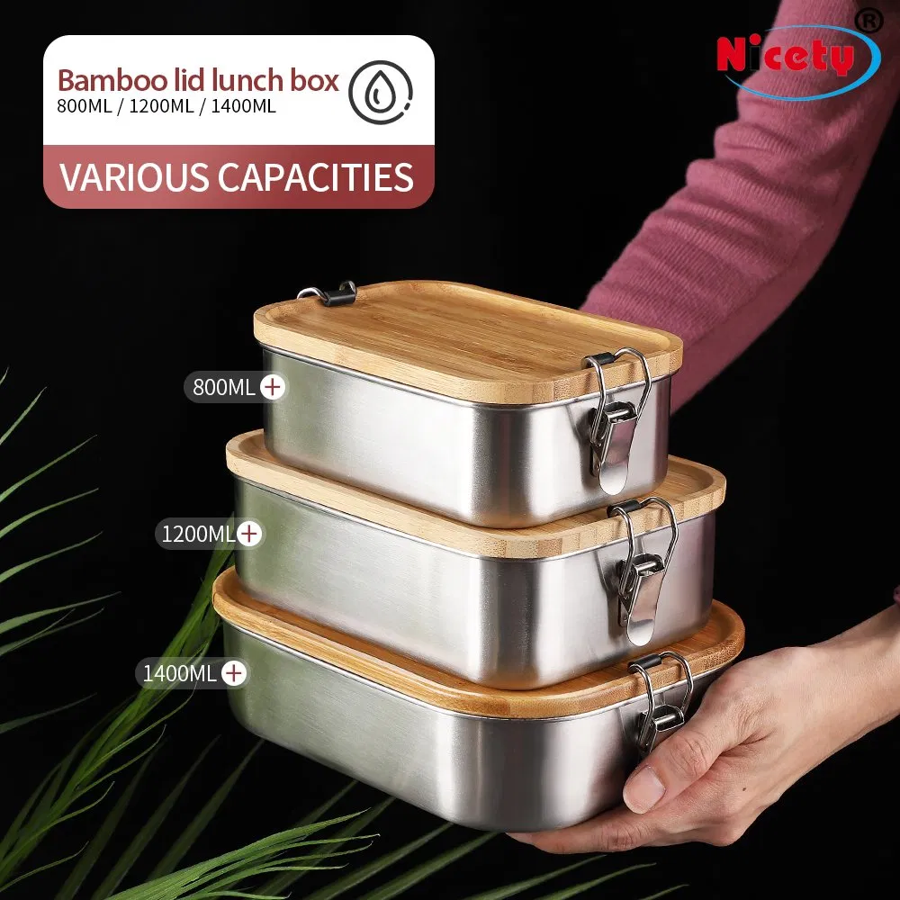 Caixa de Almoço Bento de Aço Inoxidável Biodegradável e Ecológica com Tampa de Bambu para Crianças