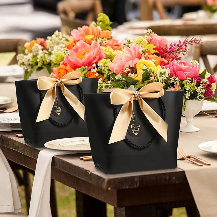 Saco de papel de luxo branco em mármore personalizado, obrigado, sacos de presente para festas de casamento, embalagem para boutique com fita