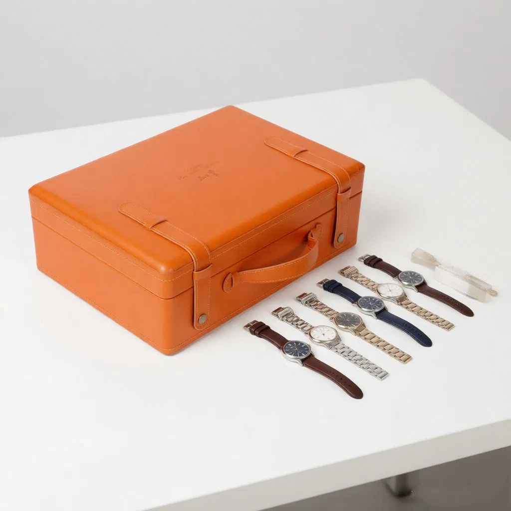 Embalagem de presente personalizada por atacado, caixa de relógio de luxo em madeira com base de couro e alça