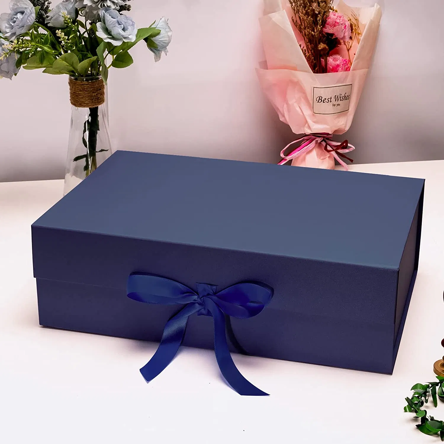 Caixa de presente dobrável personalizada azul marinho impressa para flores, casamento, caixa rígida de luxo com flip magnético e impressão para perfume, joias, roupas, cosméticos
