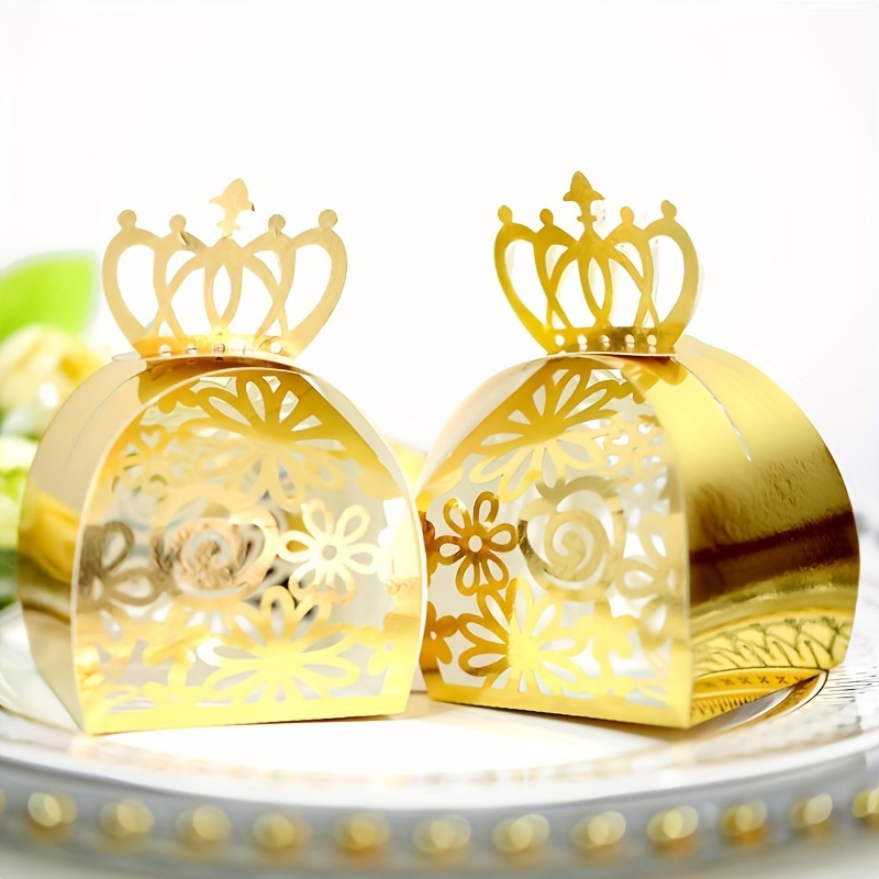Caixas de Papel para Doces com Corte Floral e Coroa Dourada para Casamento, Presentes para Aniversário, Favoritos Decorativos para Doces, Chocolates e Decoração de Festa de Natal