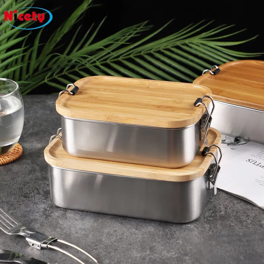 Caixa de Almoço Bento de Aço Inoxidável Biodegradável e Ecológica com Tampa de Bambu para Crianças