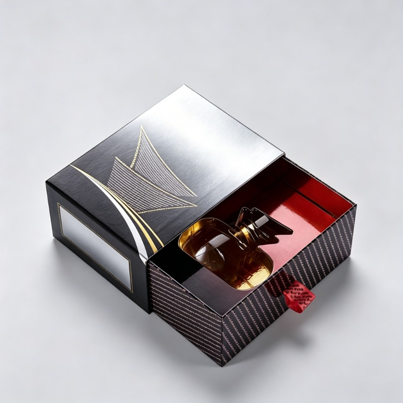 Nova Caixa de Embalagem para Presente de Perfume em Papelão Rígido Matte Preto com Fechamento Magnético, Personalizada com Estampa Premium para o Natal, Grande, com Fita