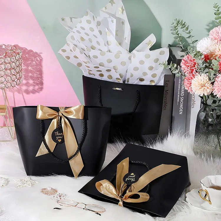 Saco de papel de luxo branco em mármore personalizado, obrigado, sacos de presente para festas de casamento, embalagem para boutique com fita