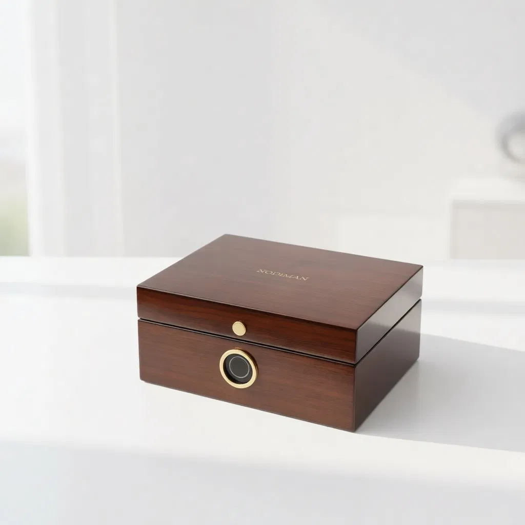 Caixa de presente de madeira de luxo de alto brilho personalizada para relógio com fechadura de impressão digital