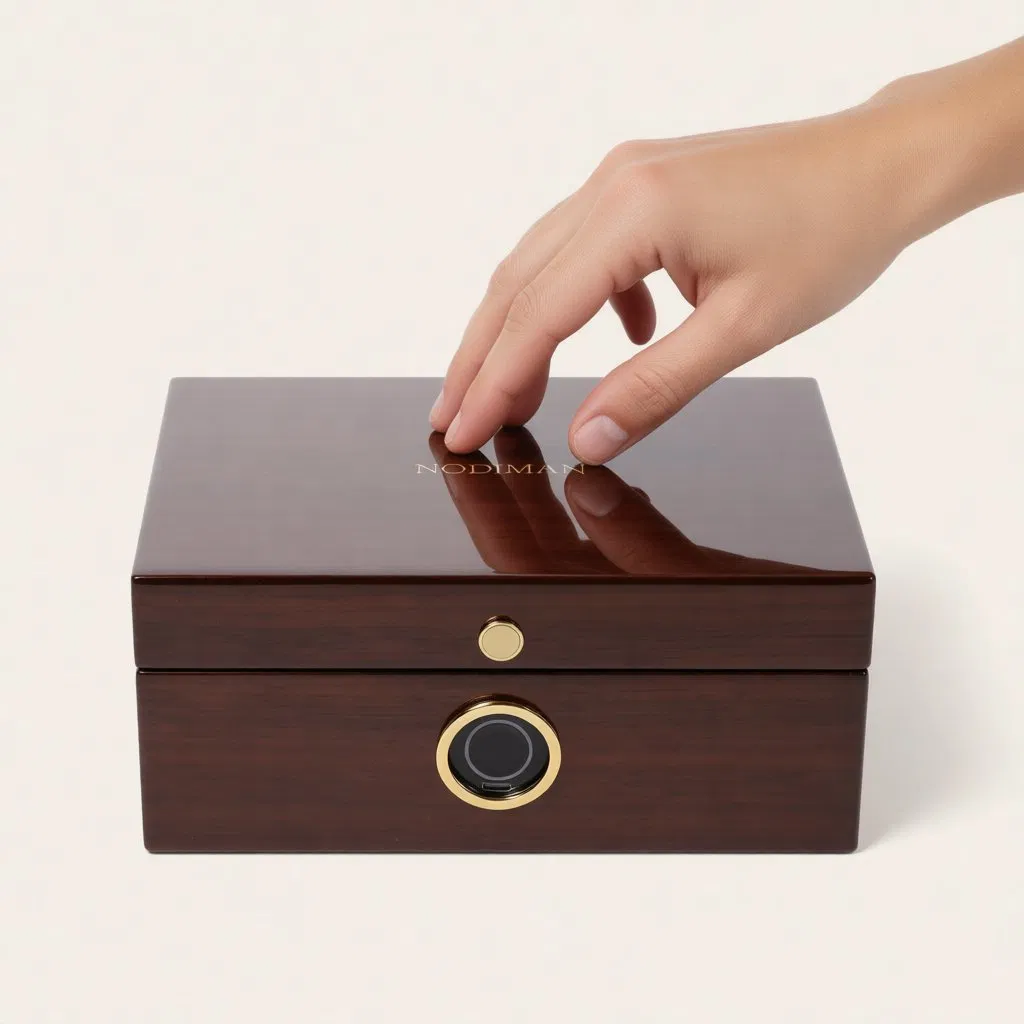 Caixa de presente de madeira de luxo de alto brilho personalizada para relógio com fechadura de impressão digital