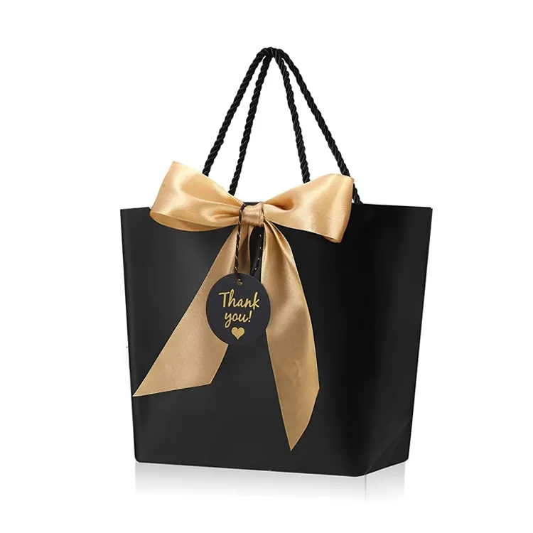 Saco de papel de luxo branco em mármore personalizado, obrigado, sacos de presente para festas de casamento, embalagem para boutique com fita