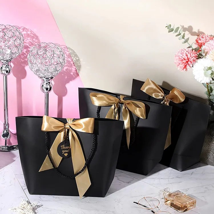 Saco de papel de luxo branco em mármore personalizado, obrigado, sacos de presente para festas de casamento, embalagem para boutique com fita