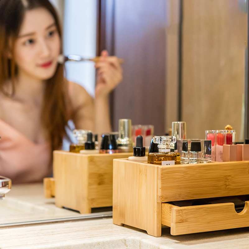 Caixa de Armazenamento de Cosméticos de Madeira de Bambu para Armazenar Batom, Joias e Produtos para Cuidados com a Pele