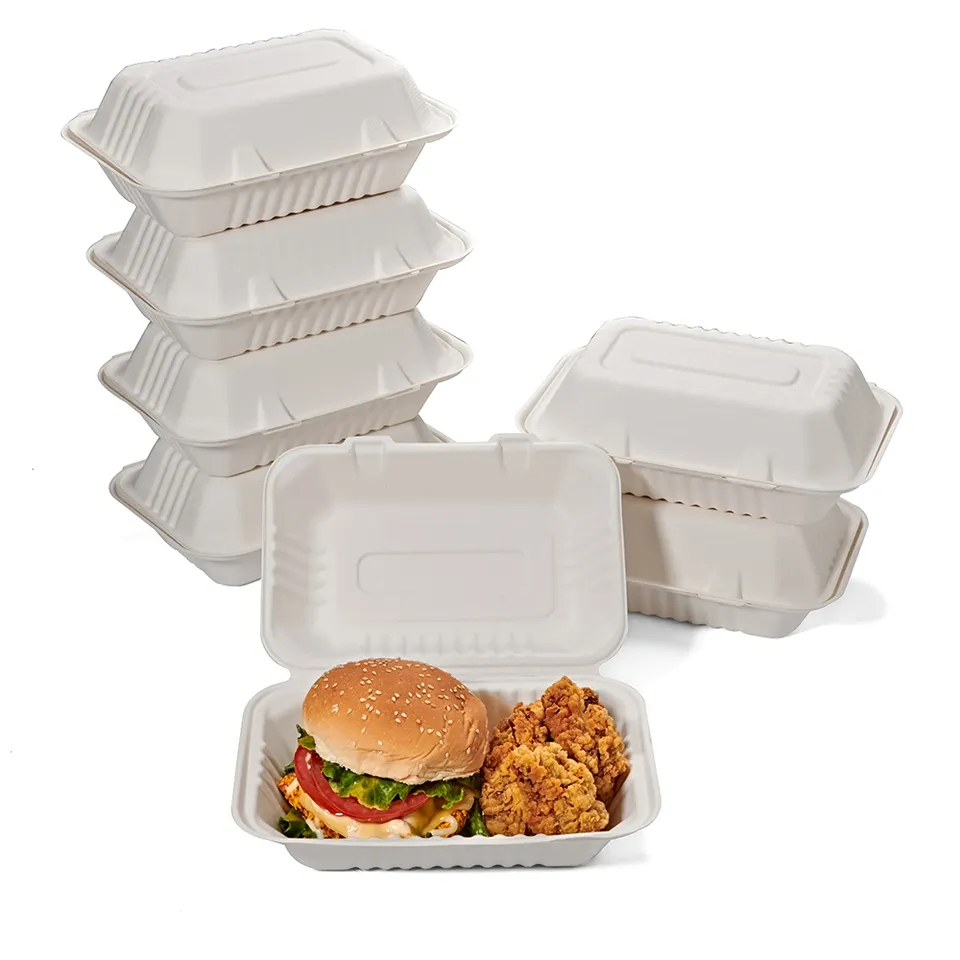 100% Embalagem de Alimentos Descartável Clamshell para Almoço em Caixa Bento de Bagaço de Cana de Açúcar Biodegradável e Ecológica