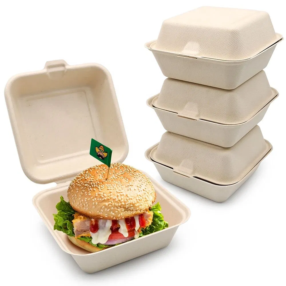 100% Embalagem de Alimentos Descartável Clamshell para Almoço em Caixa Bento de Bagaço de Cana de Açúcar Biodegradável e Ecológica
