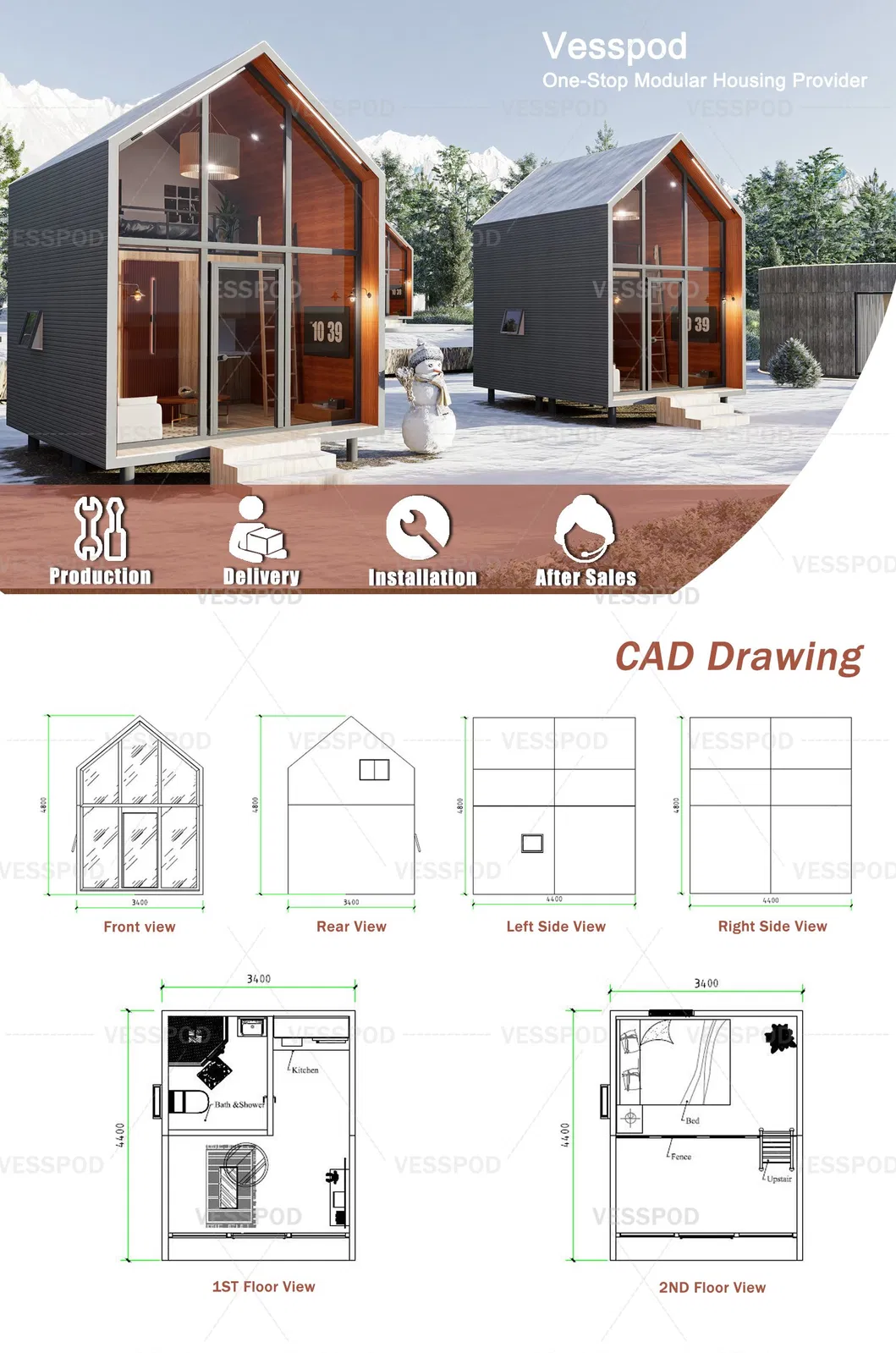 Cabana Triangular de Aço Leve Prefabricada Padrão de Hostel Residencial Personalizável