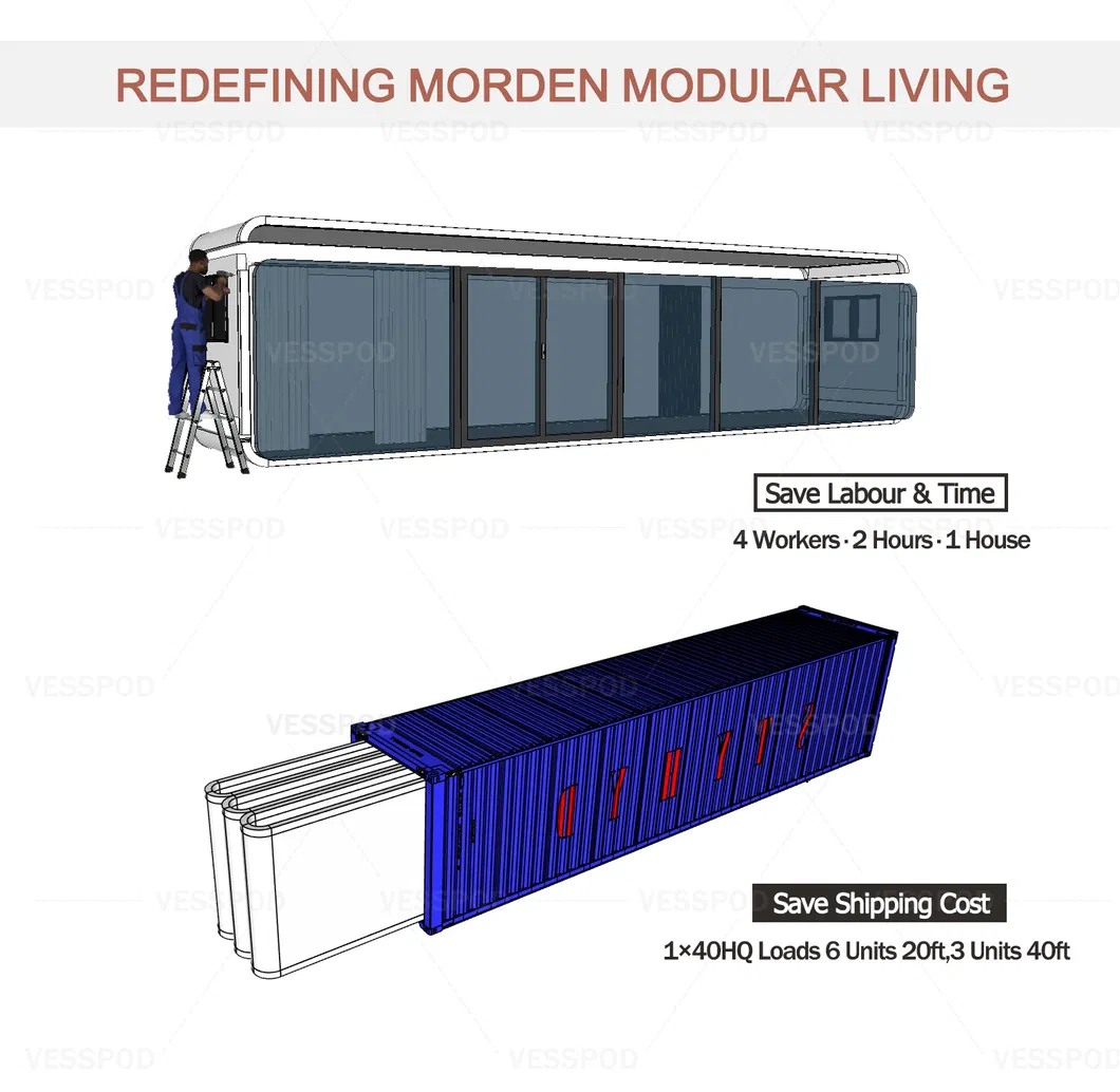 Vp115 Personalizado 40FT Cápsula Apple Cabana Container Habitacional Prefabricado Estrutura de Aço Múltiplos Designs