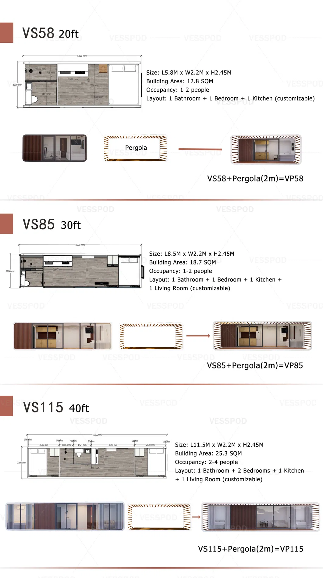 Vp115 Personalizado 40FT Cápsula Apple Cabana Container Habitacional Prefabricado Estrutura de Aço Múltiplos Designs
