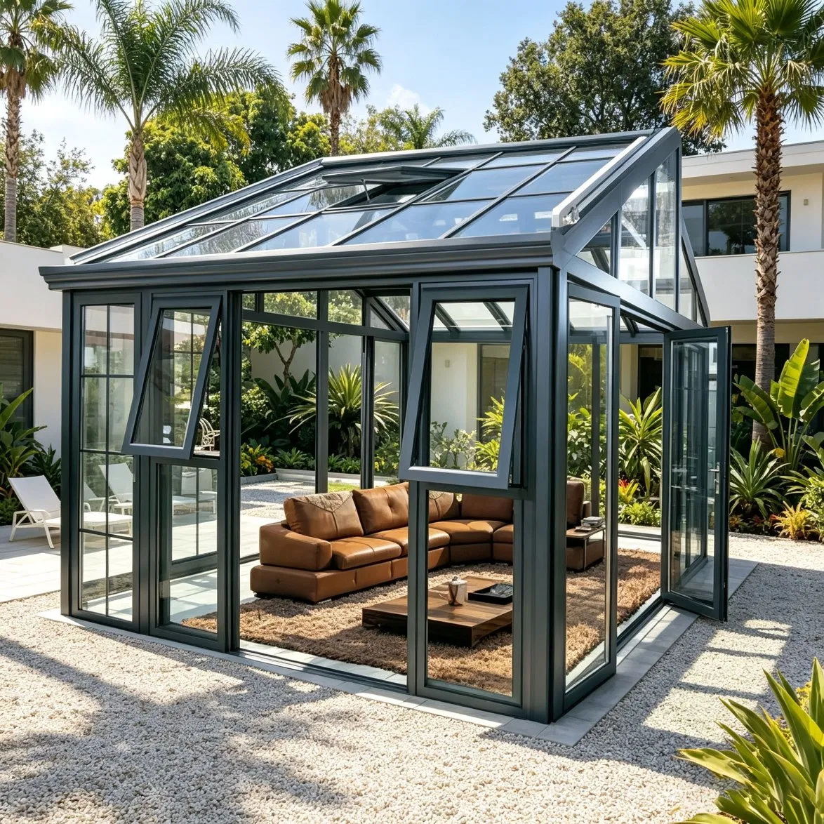 Vila Residencial de Alumínio Luxuosa com Telhado Inclinado para o Quintal, Vidro Térmico Low-E, Fácil de Montar, Kits Personalizados de Fábrica para Casa de Vidro e Jardim de Inverno