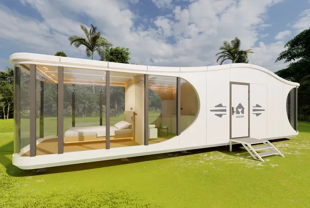 Casa pré-fabricada para resorts de trailers com sistema de fechadura automatizado e design energeticamente eficiente