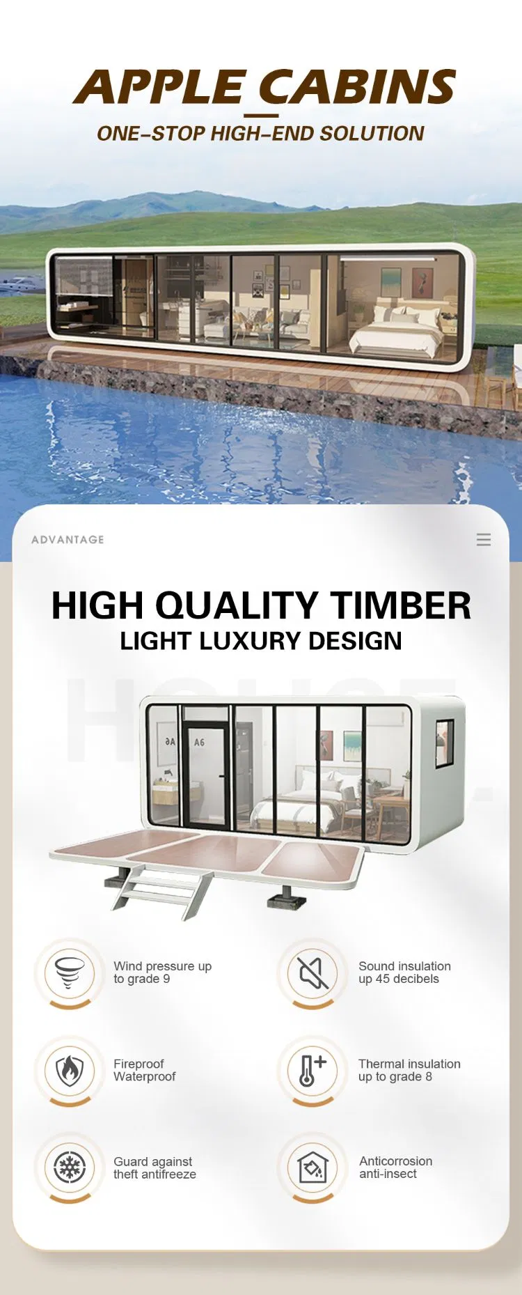 27m² Pequena Cápsula Modular Prefabricada Móvel Moderna Apple Cabin