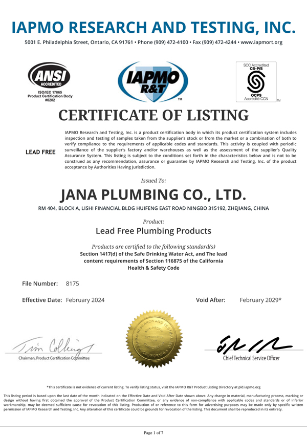 Product listing certificate no. 8175 issued March 5, 2024
