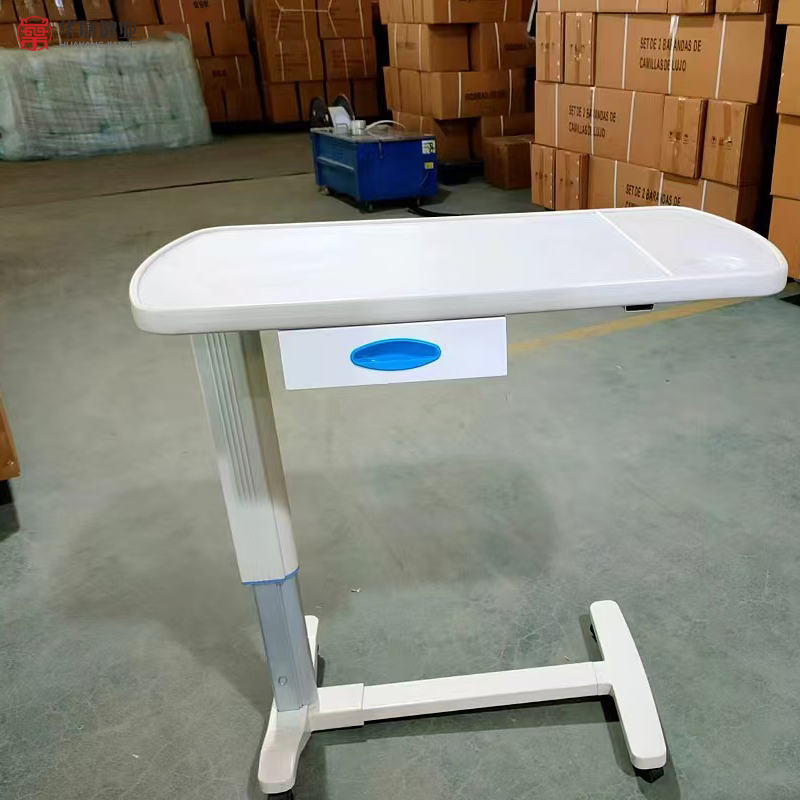 Mesa de comedor médica con cajón, ruedas, ajustable, mesa sobre la cama del hospital