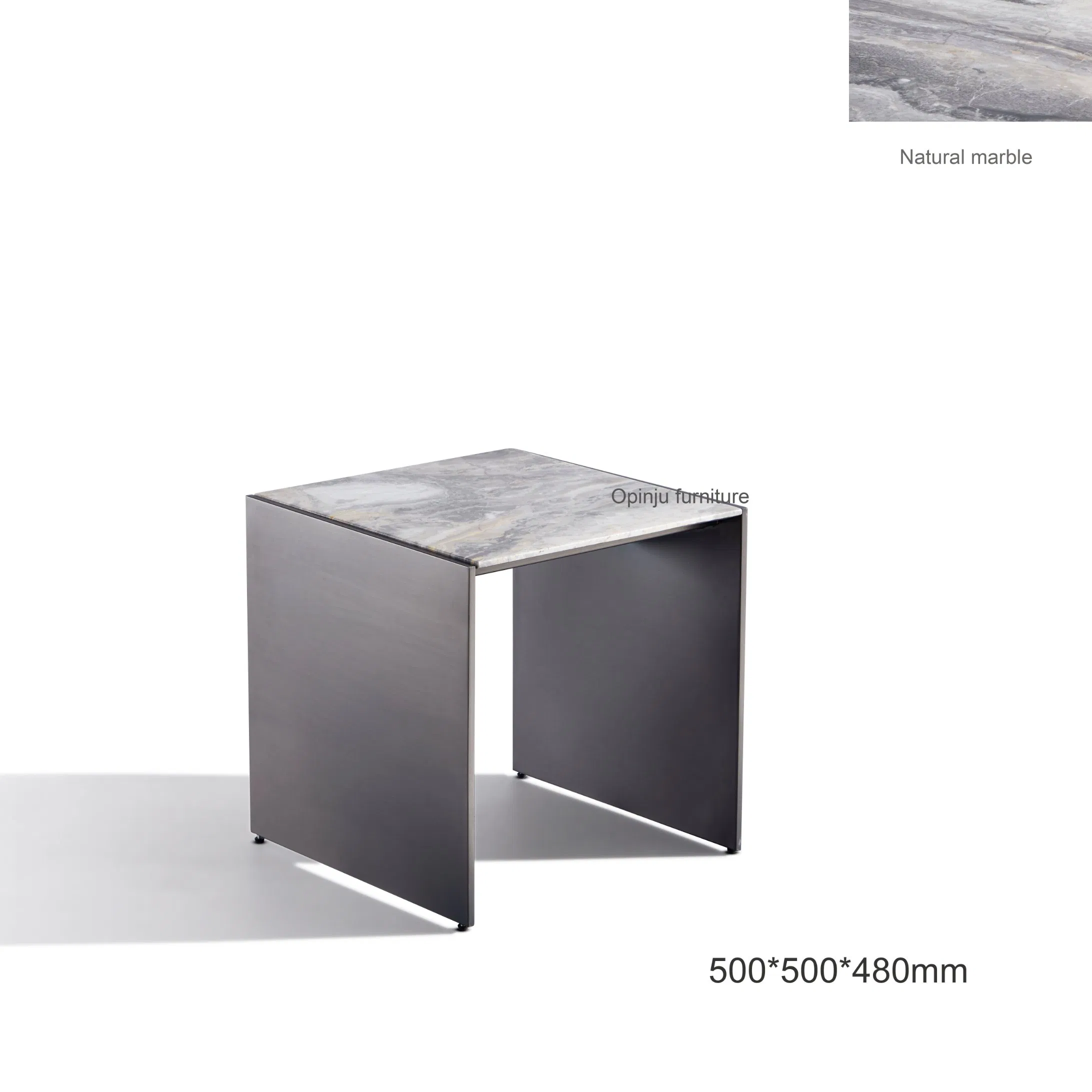 Mesa de noche moderna pequeña de mármol natural con acero inoxidable recubierto de gris