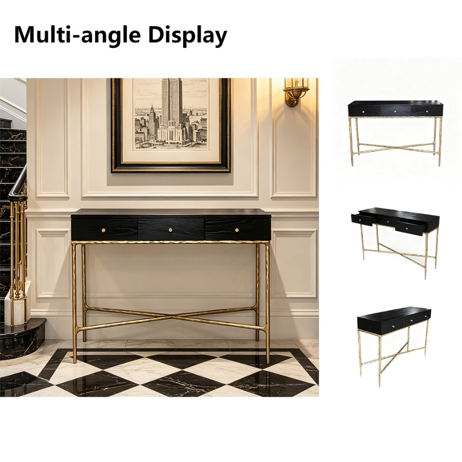 Mesa de Consola de Lujo Negra 3-Drawer Escritorio con Base de Hierro Forjado Dorado para Sala de Estar