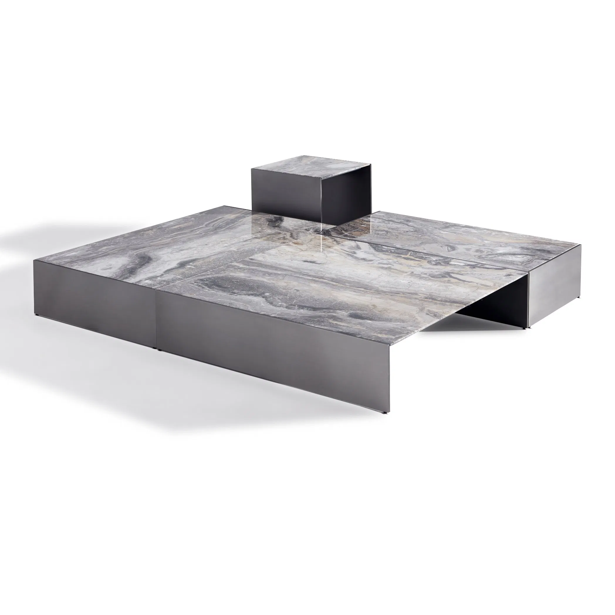 Mesa de noche moderna pequeña de mármol natural con acero inoxidable recubierto de gris