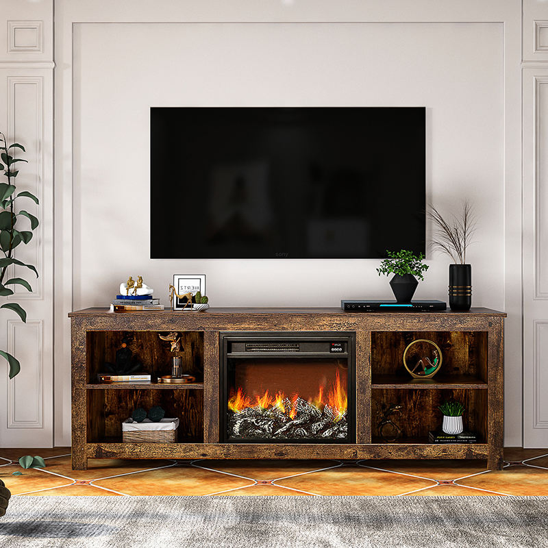 Centro de entretenimiento de televisión contemporáneo con chimenea LED realista y amplio espacio de almacenamiento