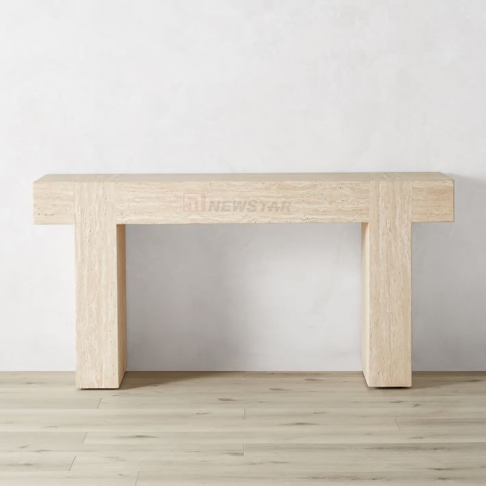 Mesa de consola nórdica de mármol contemporáneo de venta caliente, material de travertino con agujero sin llenar, mesa de consola de piedra vintage