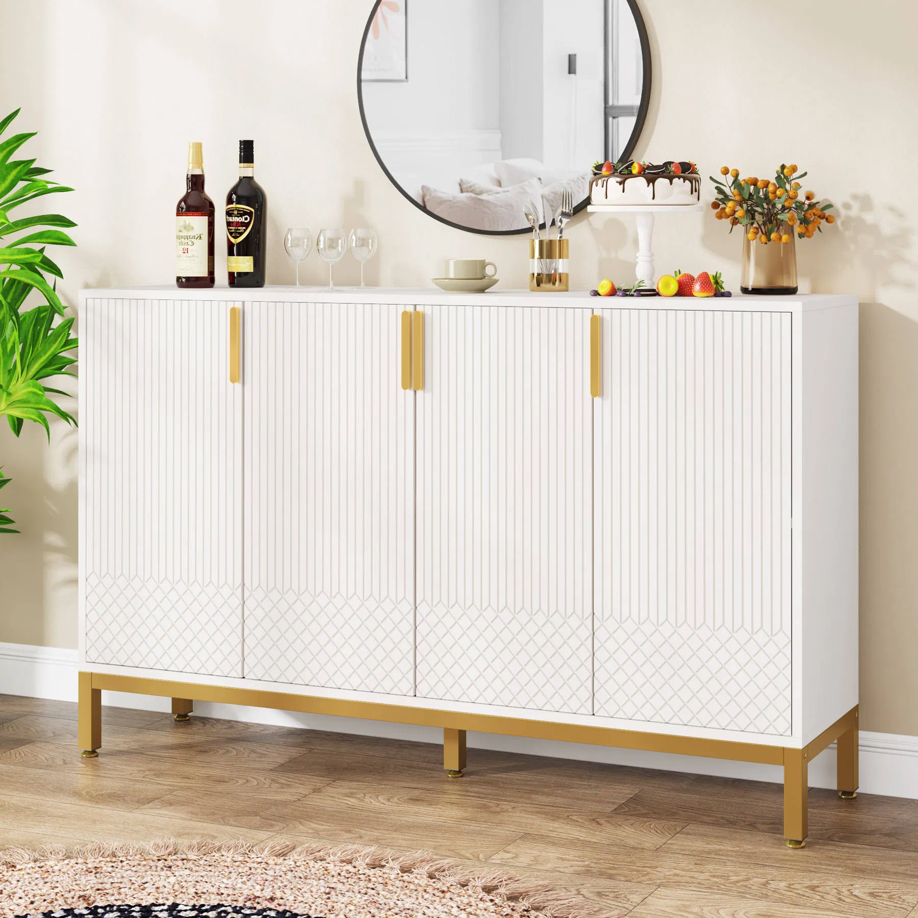 Moderno Buffet Consola Estriada 4-Door para Sala de Estar o Cocina