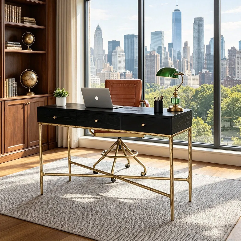 Mesa de Consola de Lujo Negra 3-Drawer Escritorio con Base de Hierro Forjado Dorado para Sala de Estar