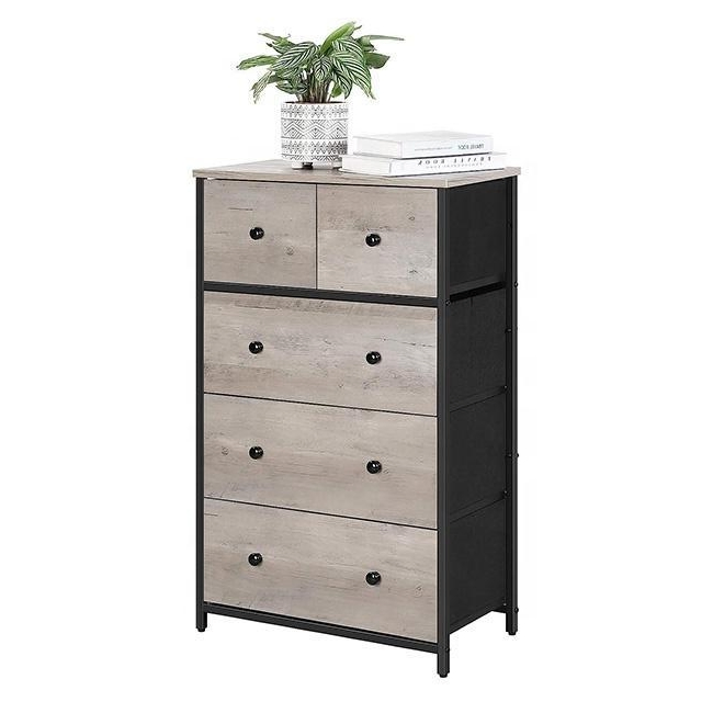 Estructura de metal con superficie de madera, cómoda con cajones de tela, almacenamiento en cajones, tocador