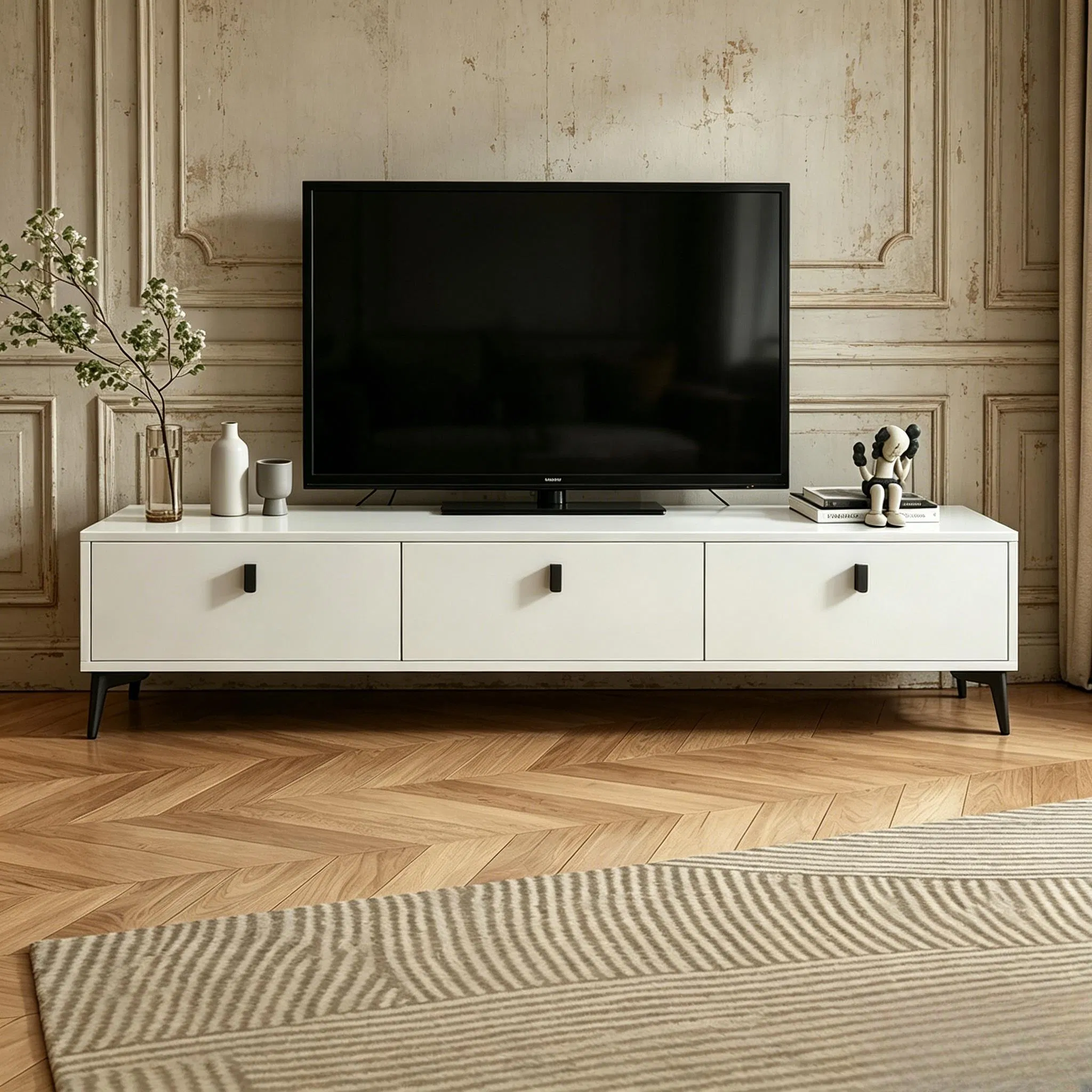Mueble de televisión blanco de estilo nórdico con cajones, consola de medios de madera