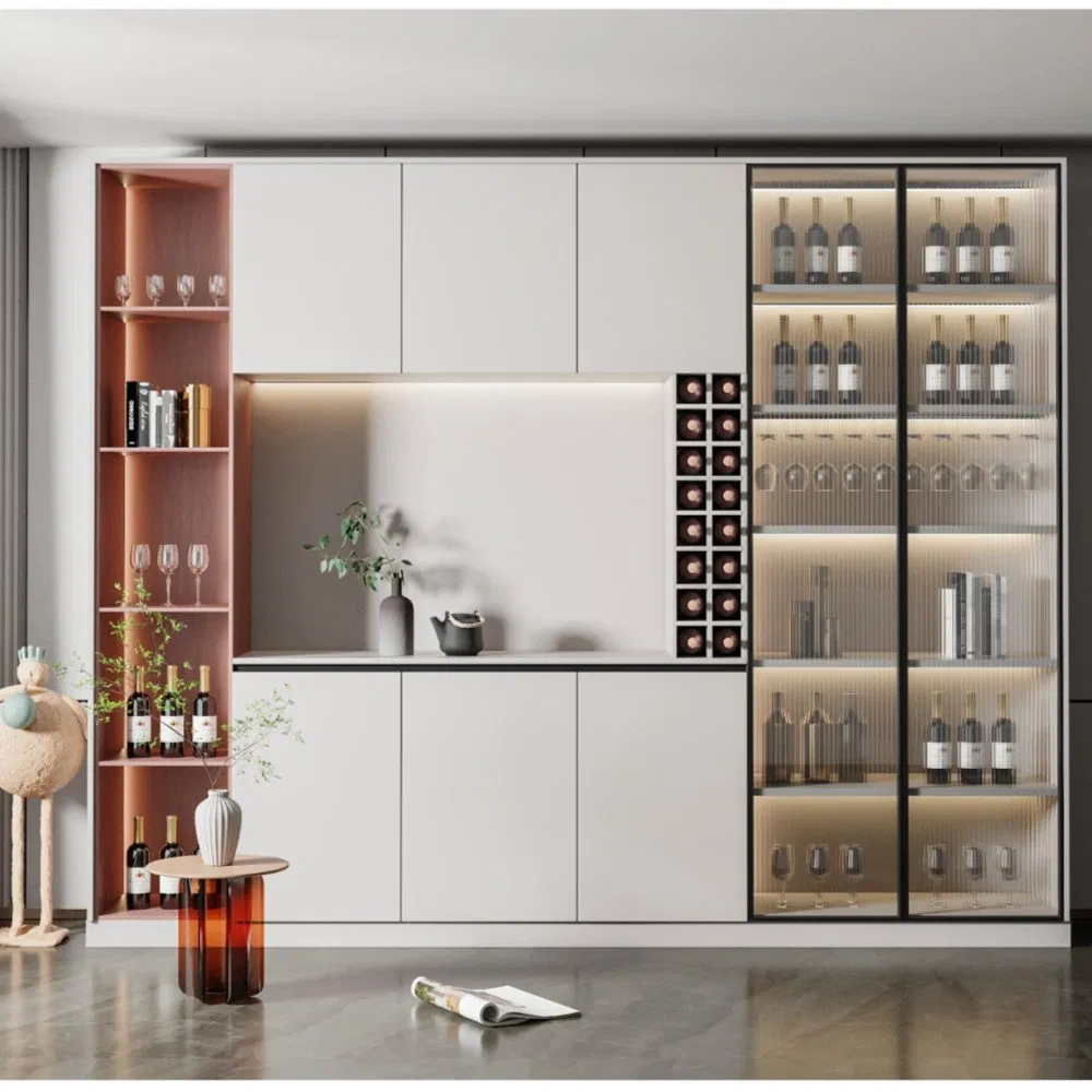 Buffet de cocina minimalista con tira de luz LED y puertas de vidrio para almacenamiento