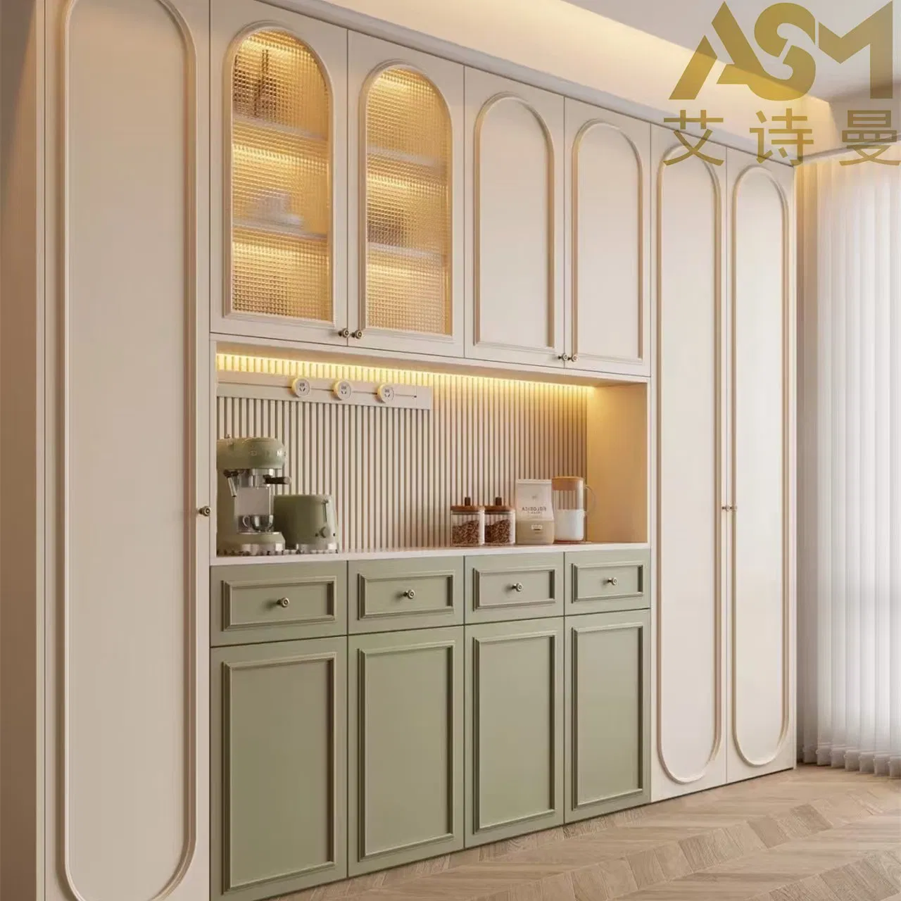 Mueble de lujo contemporáneo negro / colorido, armario buffet de cocina y comedor curvado de madera de timbre / vidrio de mármol, un aparador de MDF