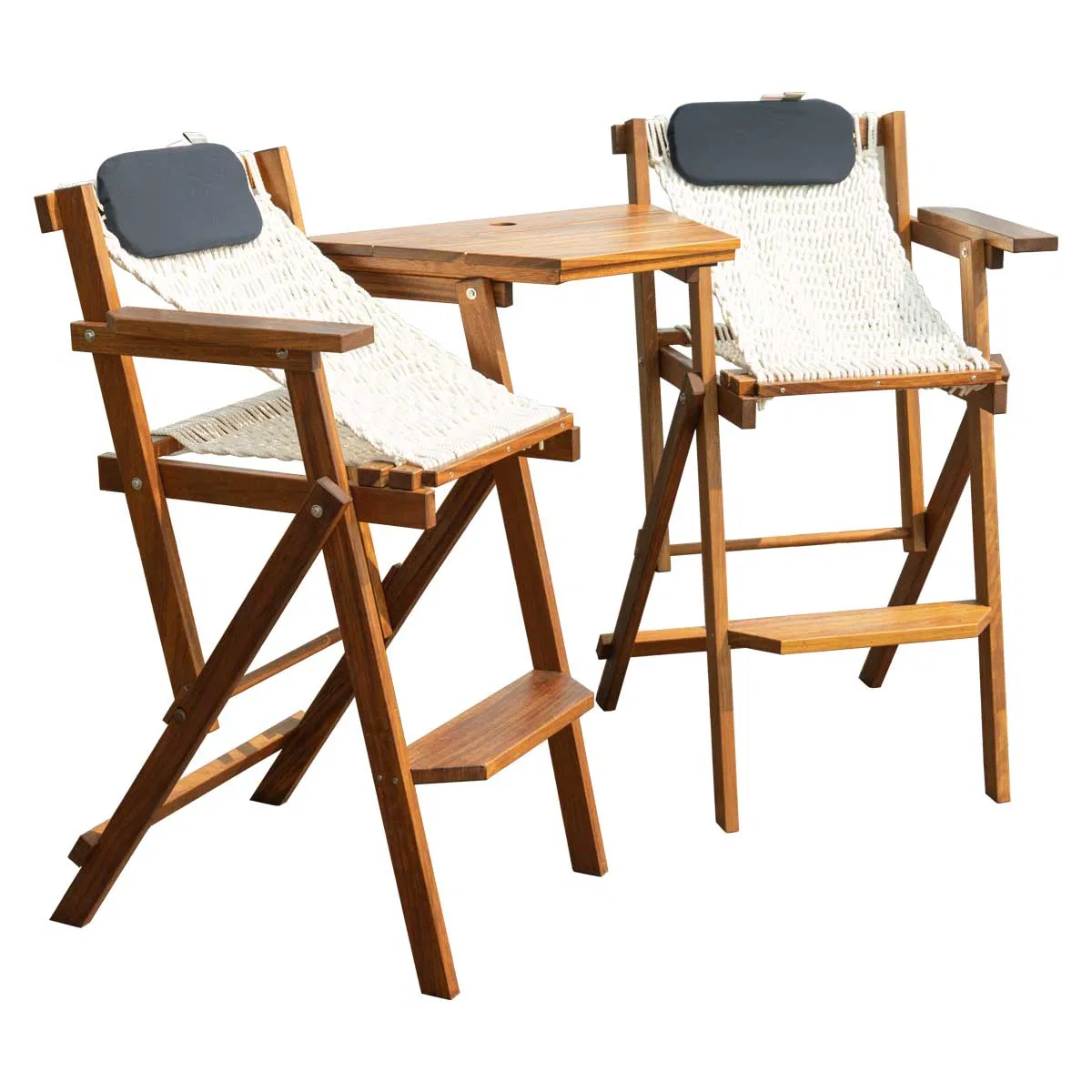 Combo reposabrazos reposapiés Tete-a-Tete mesa jardín teca cuerda red asiento taburete plegable