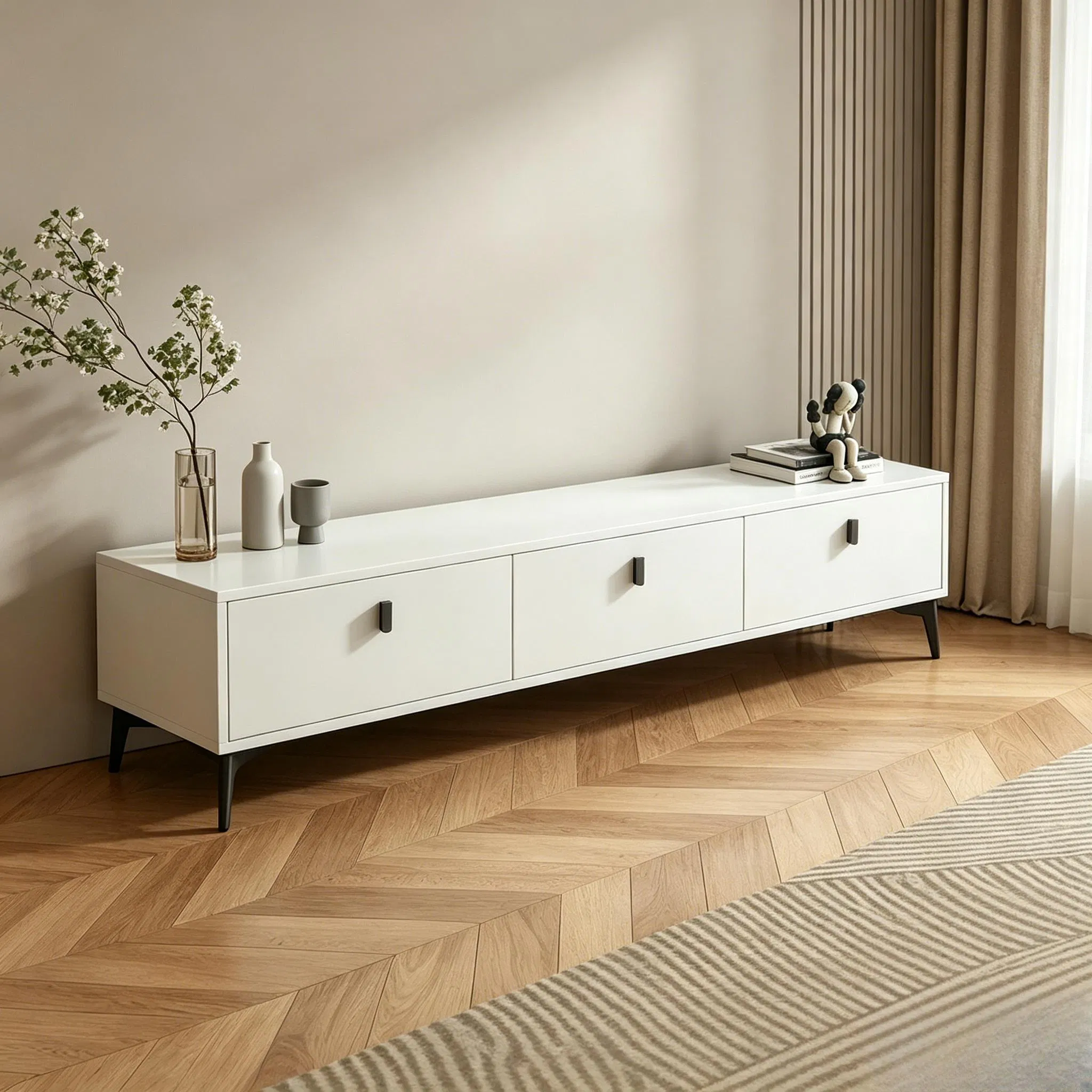 Mueble de televisión blanco de estilo nórdico con cajones, consola de medios de madera