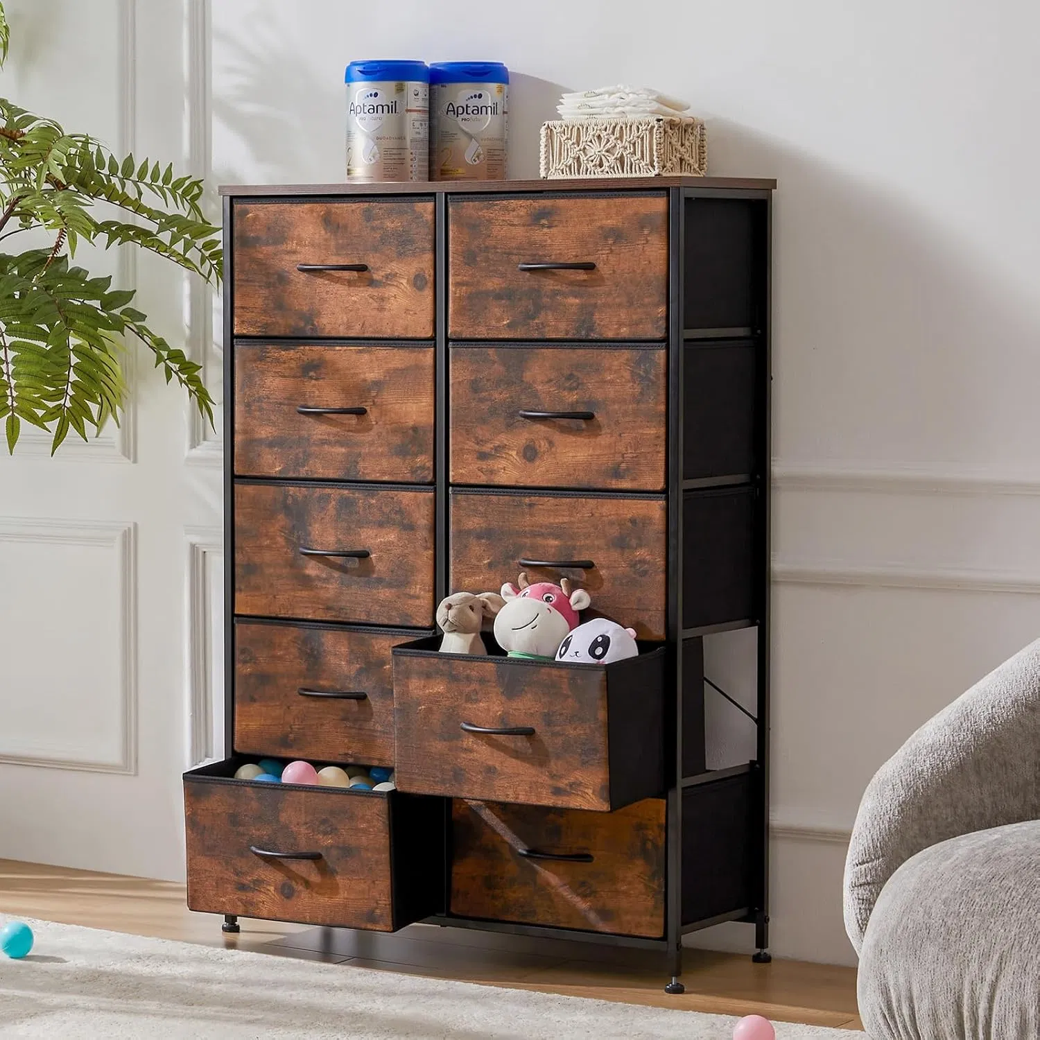 Vestidor de tela con 10 cajones, cómoda alta, chest de cajones para sala de estar