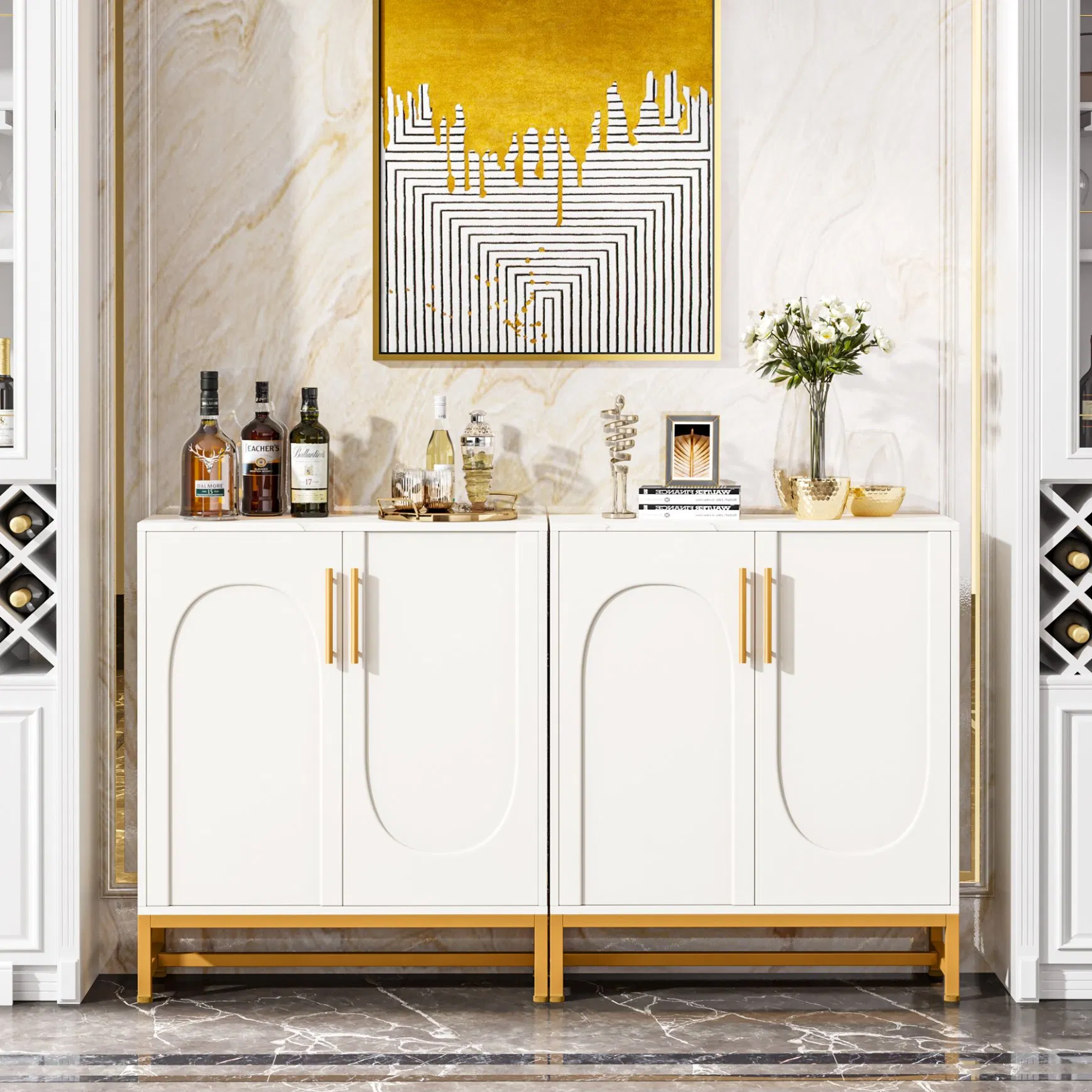 Buffet moderno de madera con tapa de mármol blanca para comedor