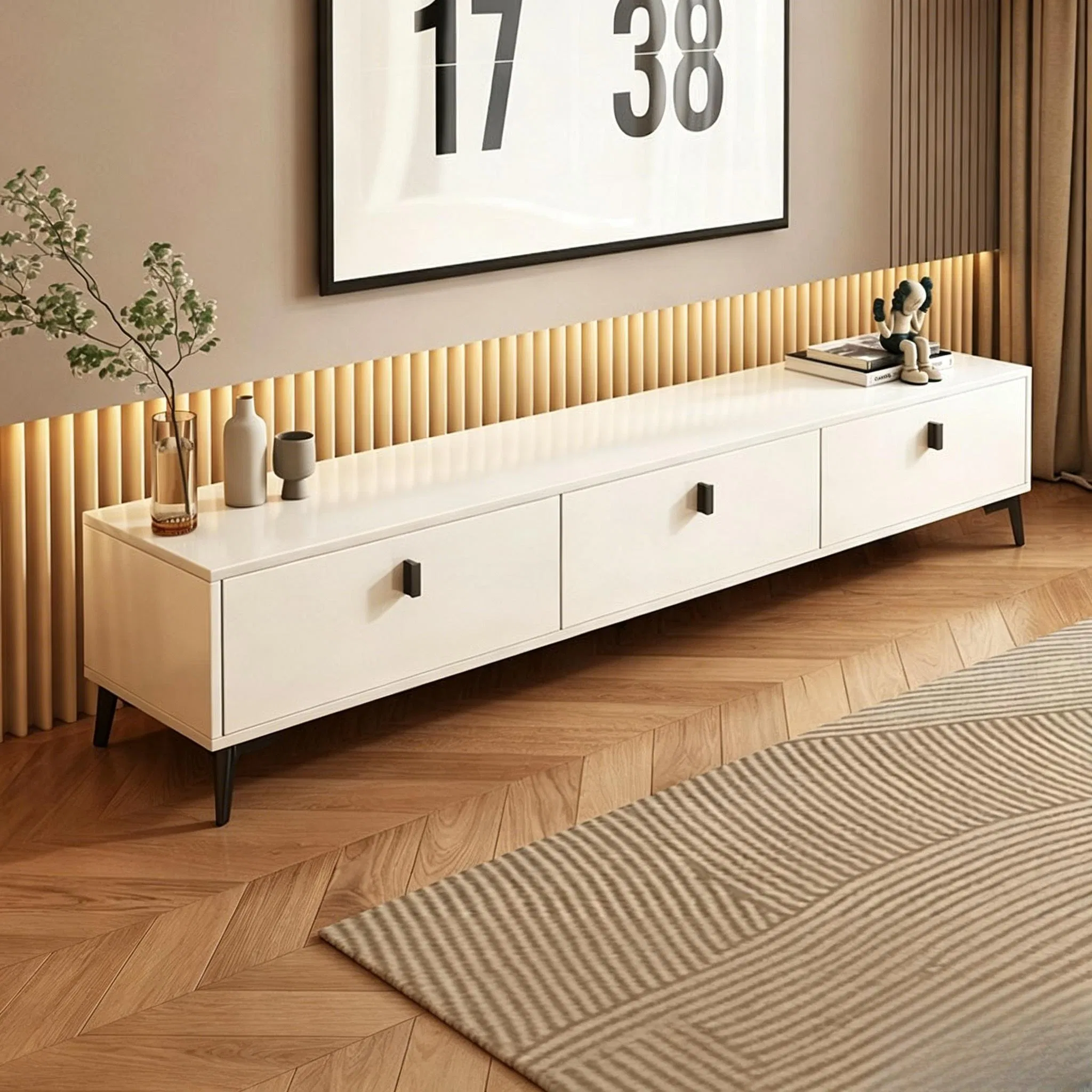 Mueble de televisión blanco de estilo nórdico con cajones, consola de medios de madera
