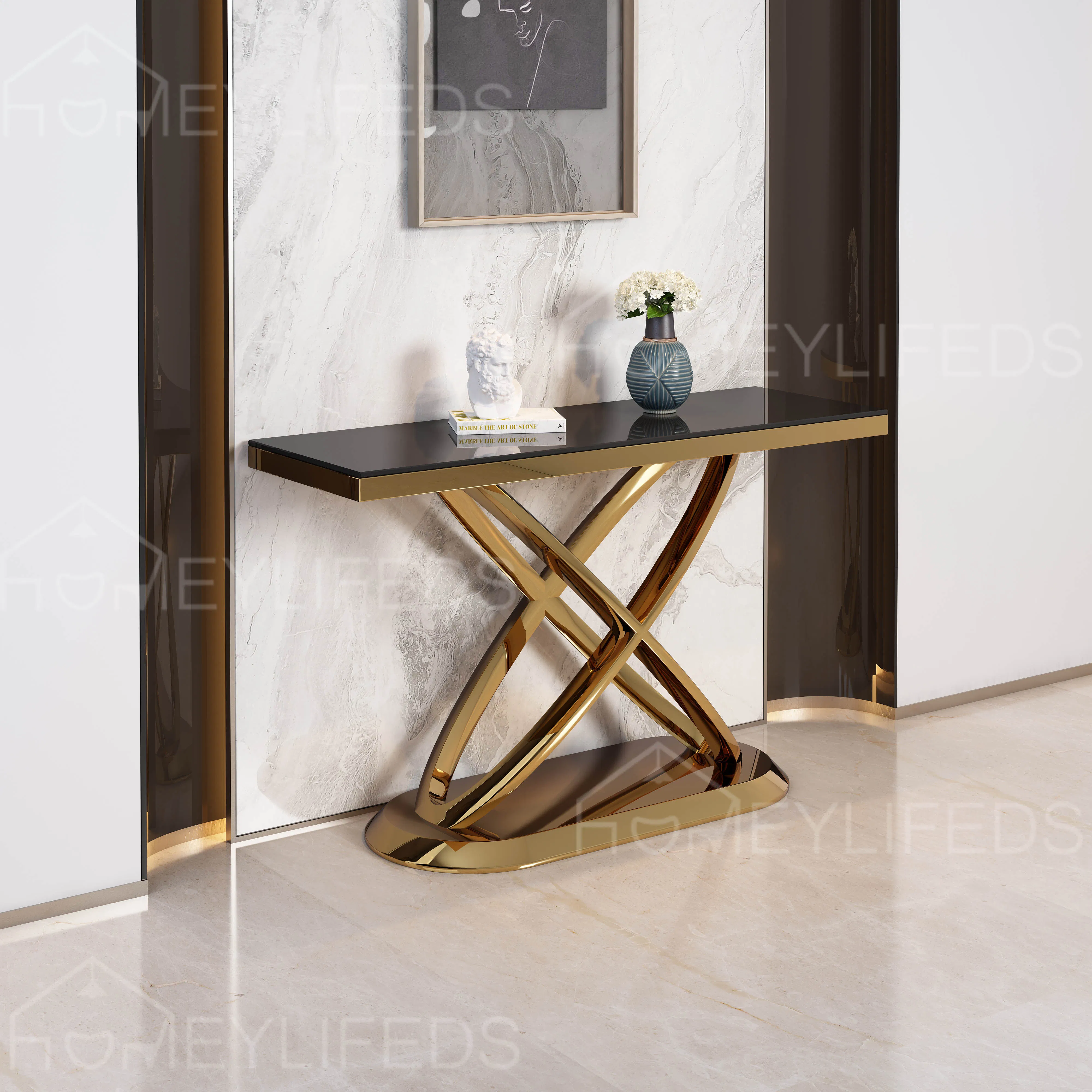 Mesa Consola de Mármol Única con Acero Inoxidable para Configuraciones de Banquete Elegantes