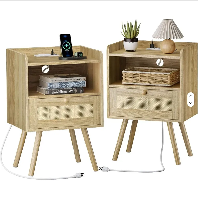 Mesa de noche de madera con estación de carga