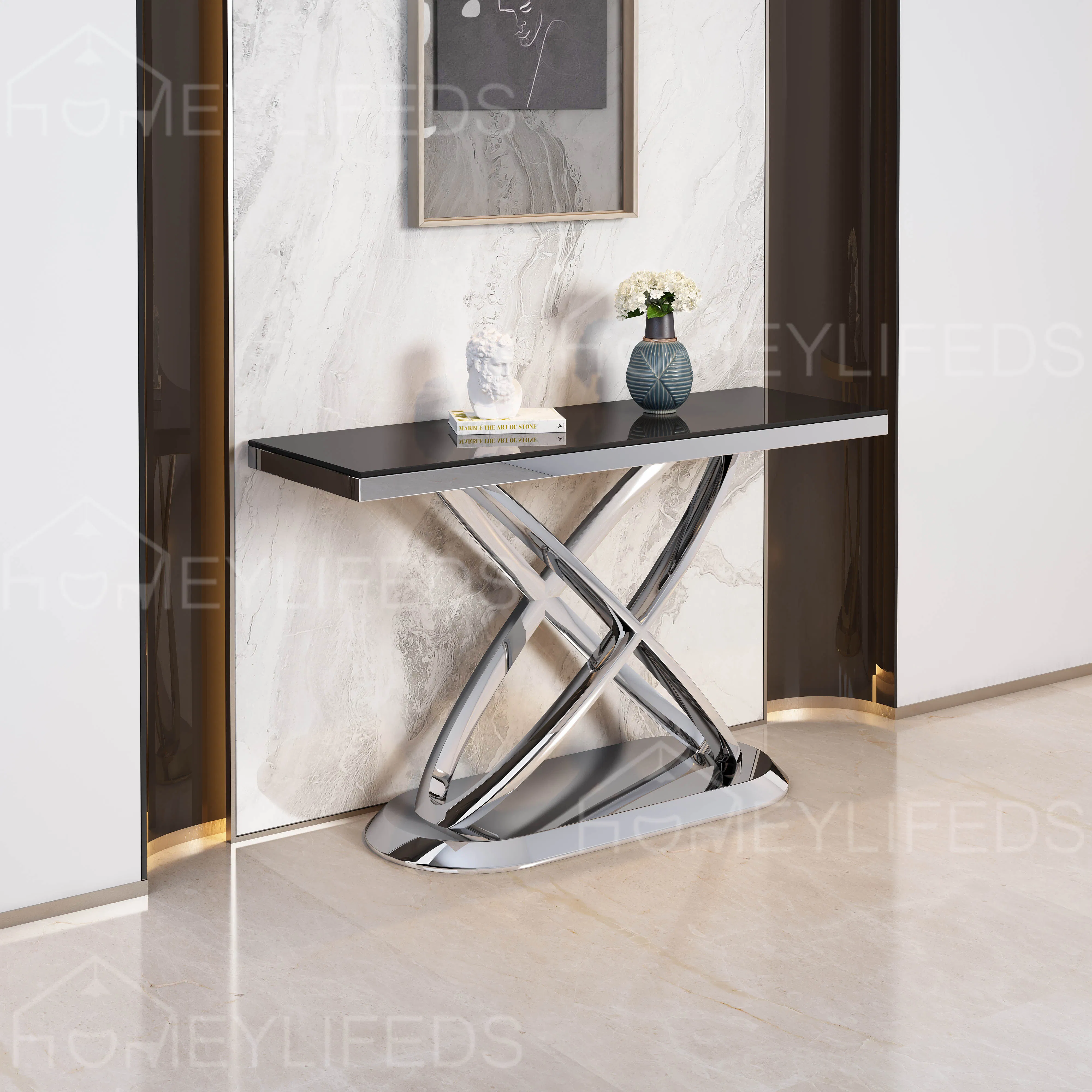 Mesa Consola de Mármol Única con Acero Inoxidable para Configuraciones de Banquete Elegantes