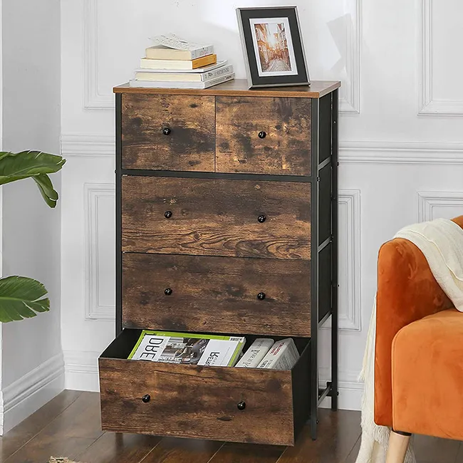 Estructura de metal con superficie de madera, cómoda con cajones de tela, almacenamiento en cajones, tocador