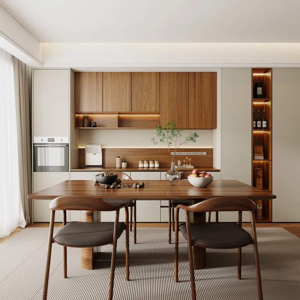 Buffet de cocina minimalista con tira de luz LED y puertas de vidrio para almacenamiento