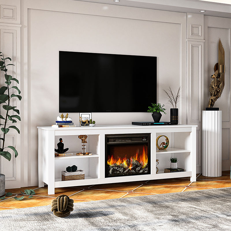 Centro de entretenimiento de televisión contemporáneo con chimenea LED realista y amplio espacio de almacenamiento