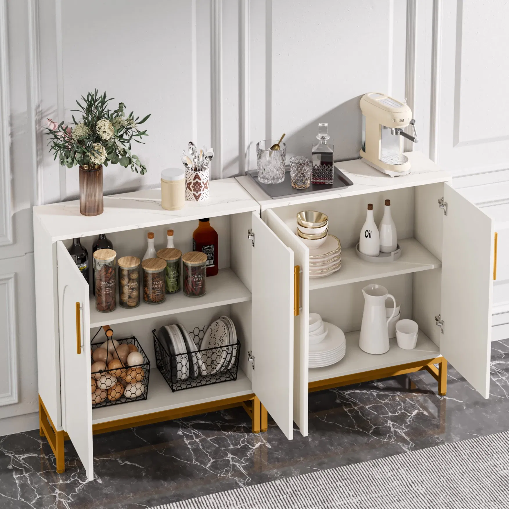 Buffet moderno de madera con tapa de mármol blanca para comedor