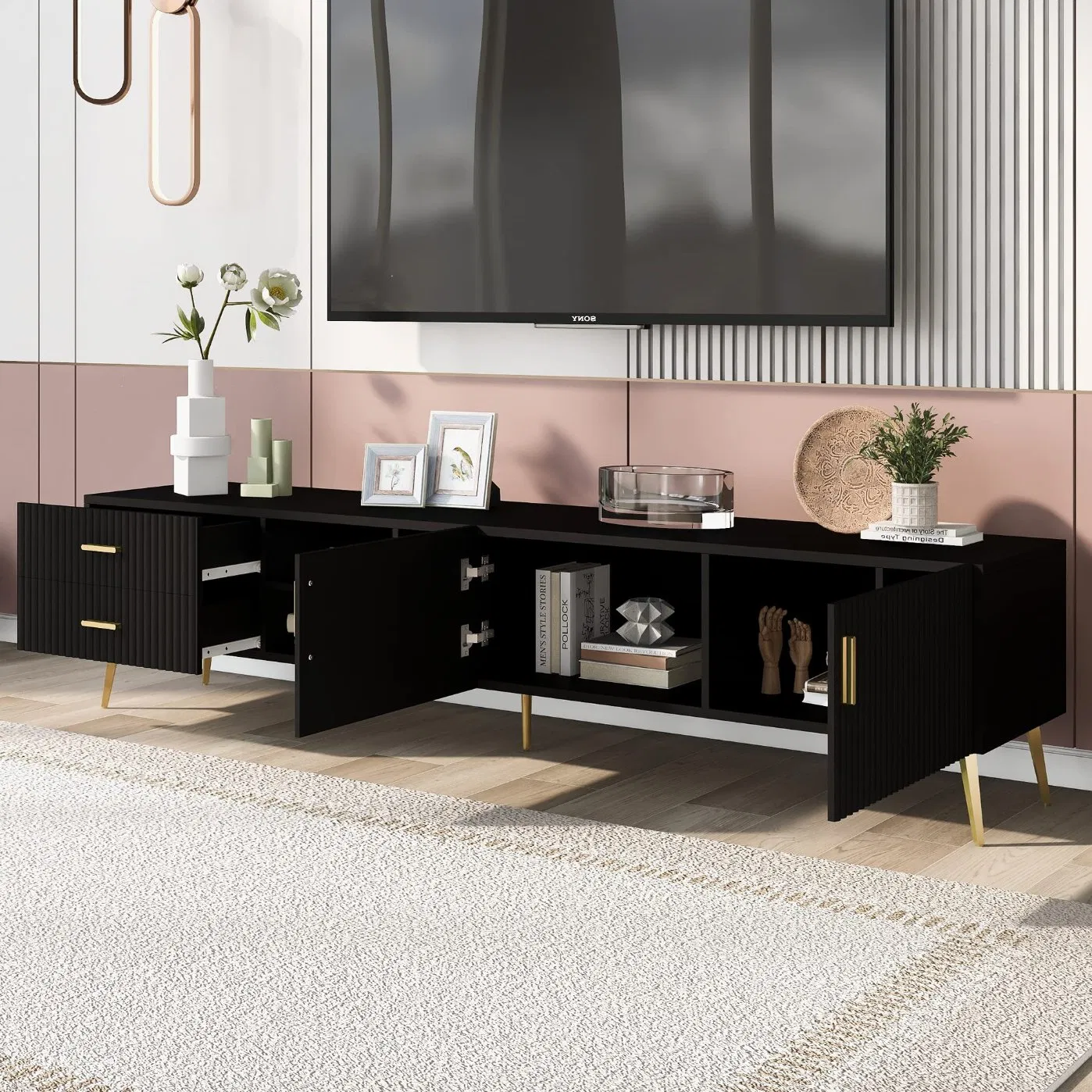 Soporte de TV de estilo moderno con fácil ensamblaje elegante consola de medios